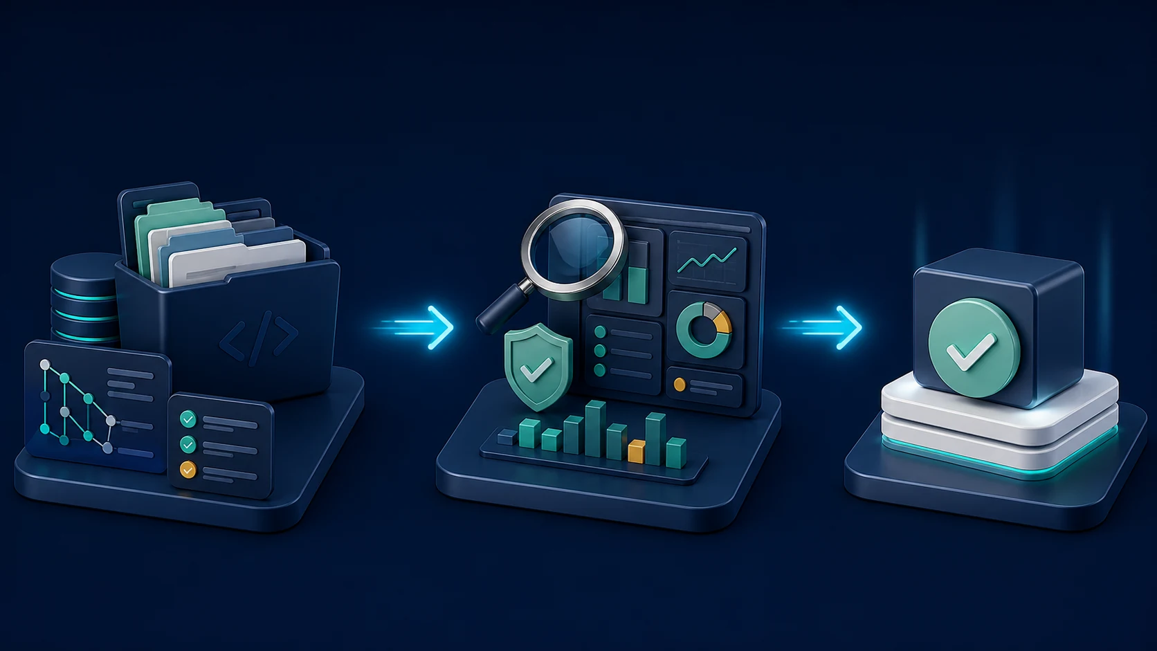 Three-stage engineering workflow from source folders through quality review to release decision