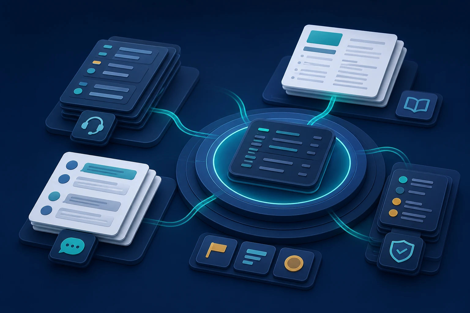 Abstract customer service records and ticket signals converging into a structured review hub