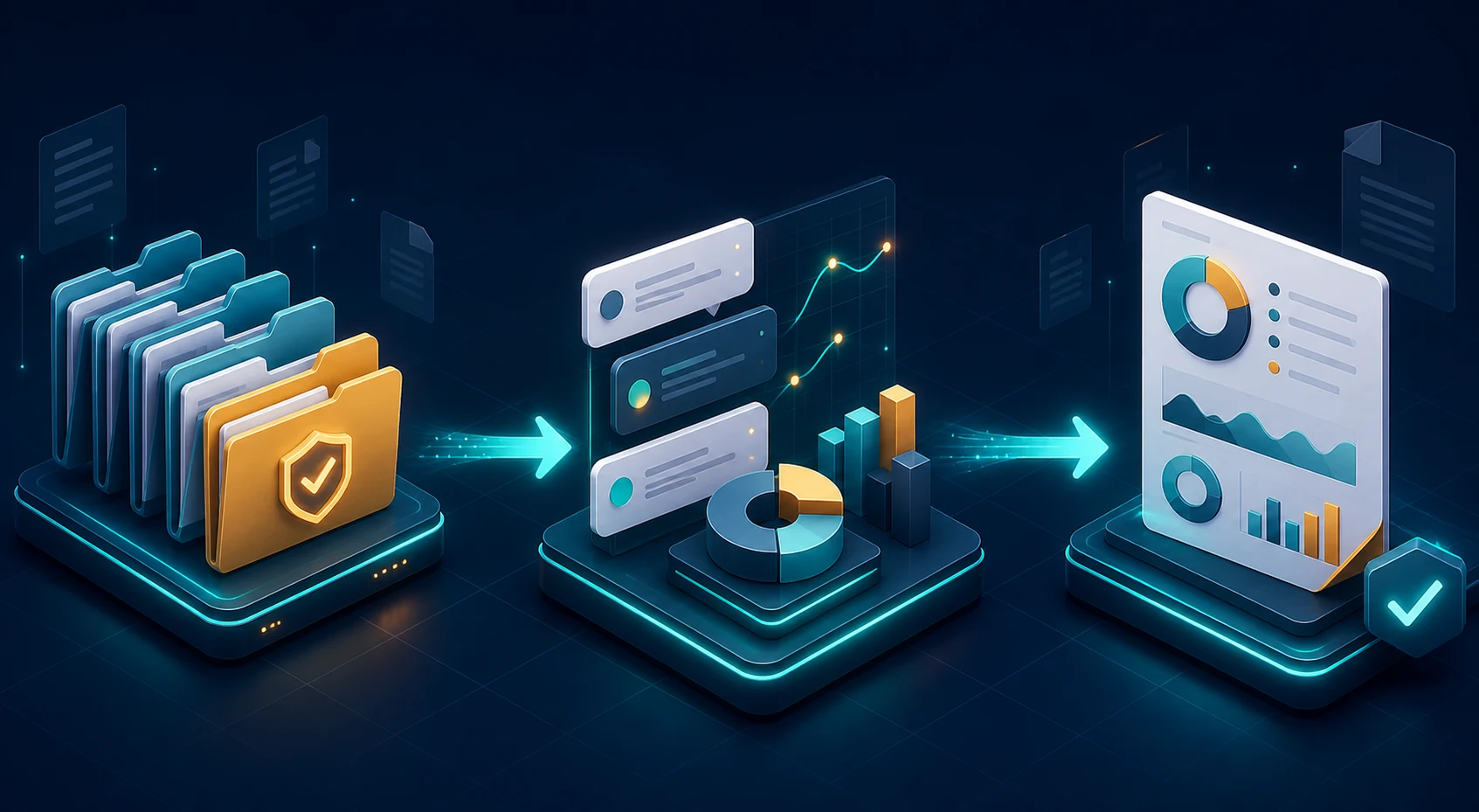 Abstract flow from approved service folders through ticket analysis to an action-ready support report