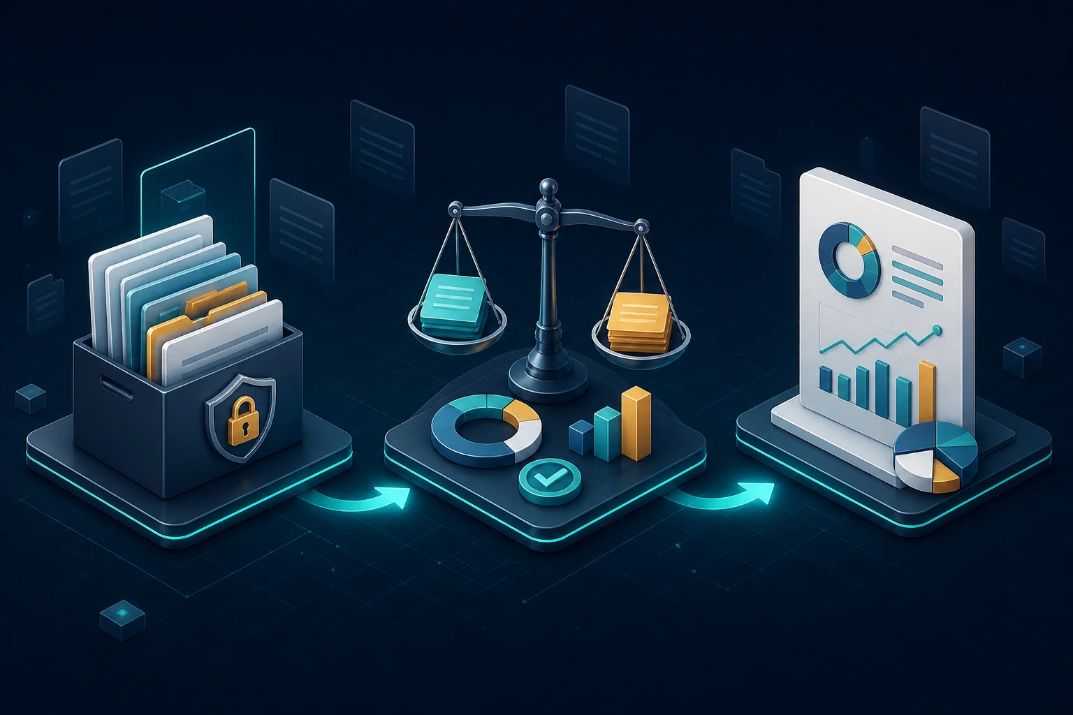 finance-accounting-workflow Abstract flow from secure finance folders through reconciliation to a decision-ready report
