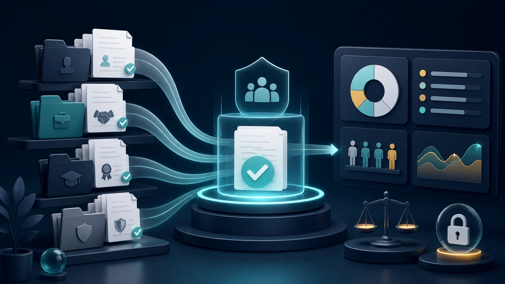 Human Resources documents and workforce records converging into a structured review hub