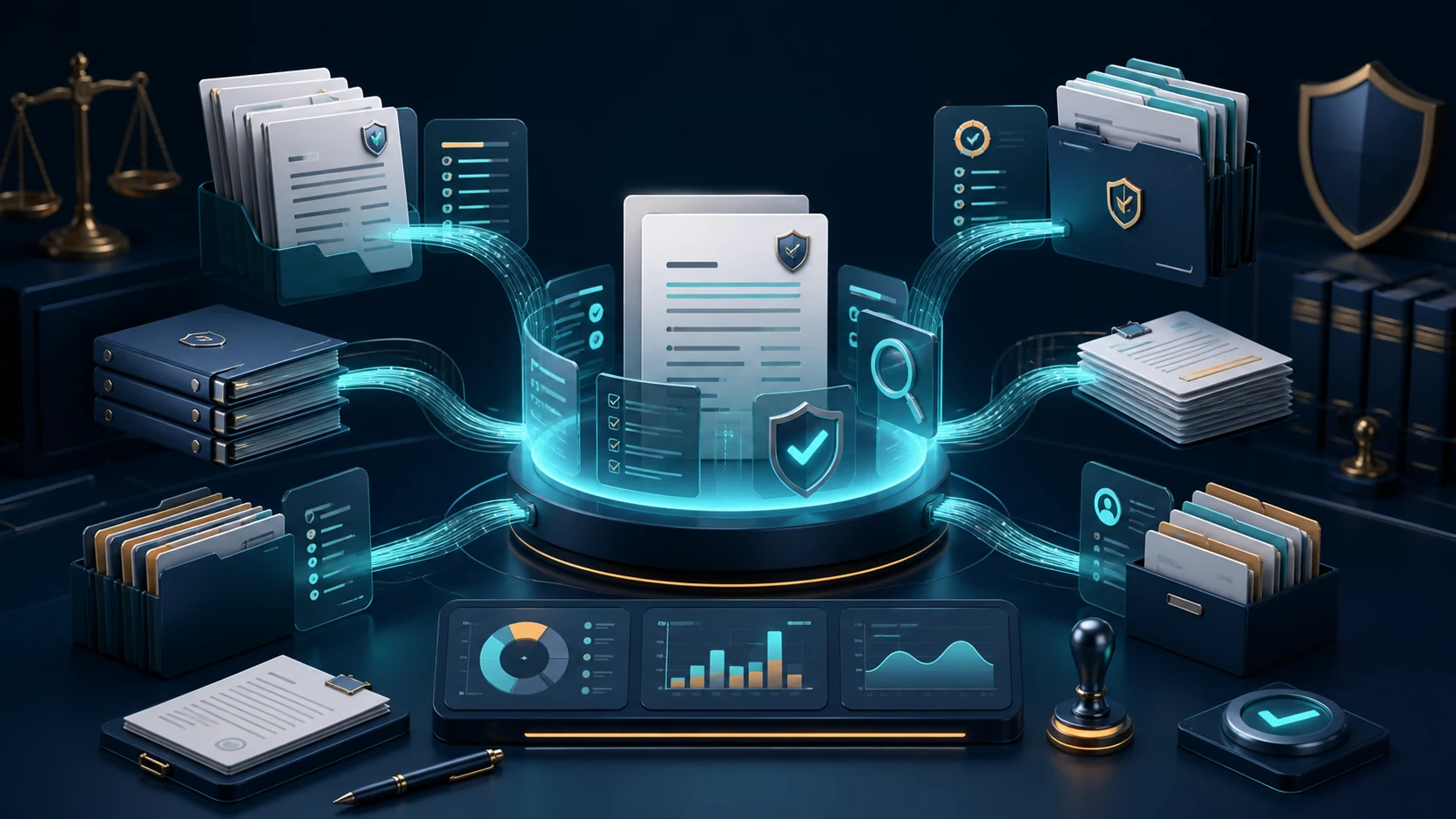 legal-compliance-hero Legal and compliance records converging into a structured review hub