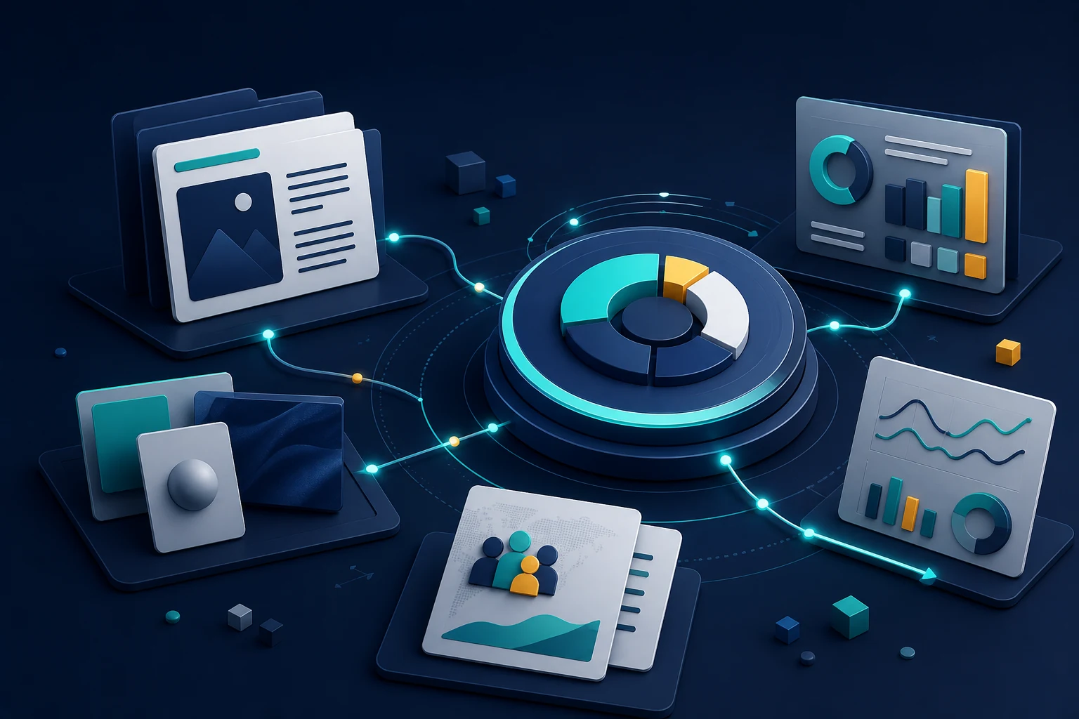 Abstract marketing documents and campaign insights converging into a review hub