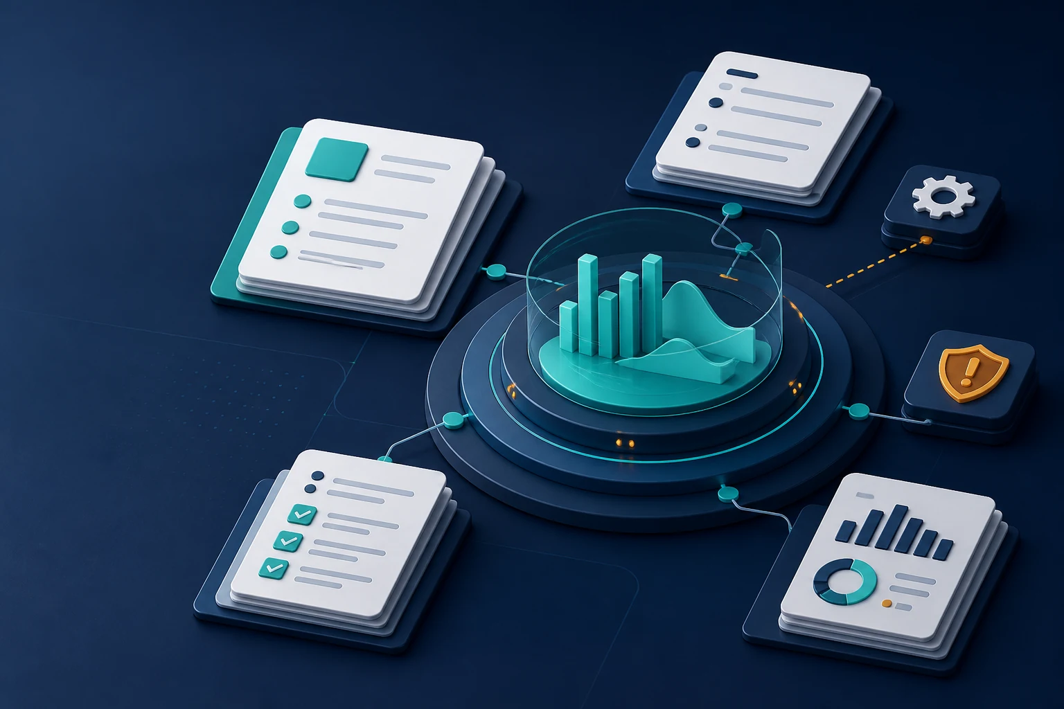 Abstract operations records and performance signals converging into a review hub
