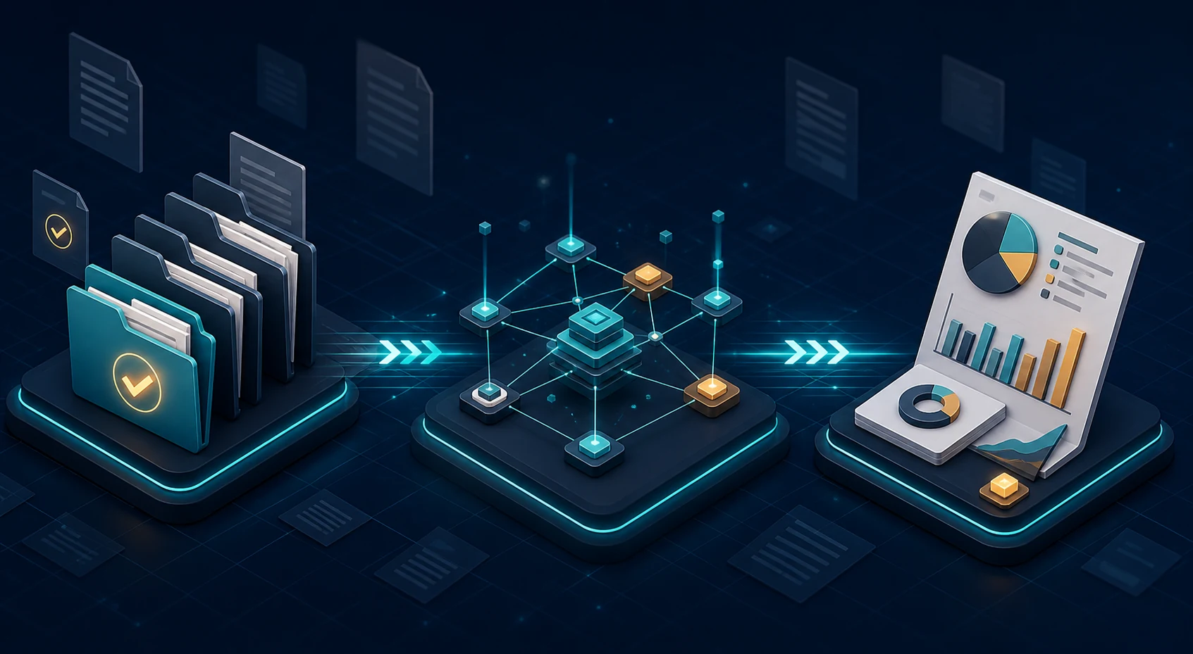 Abstract flow from approved operations folders through analysis to an operating insight report