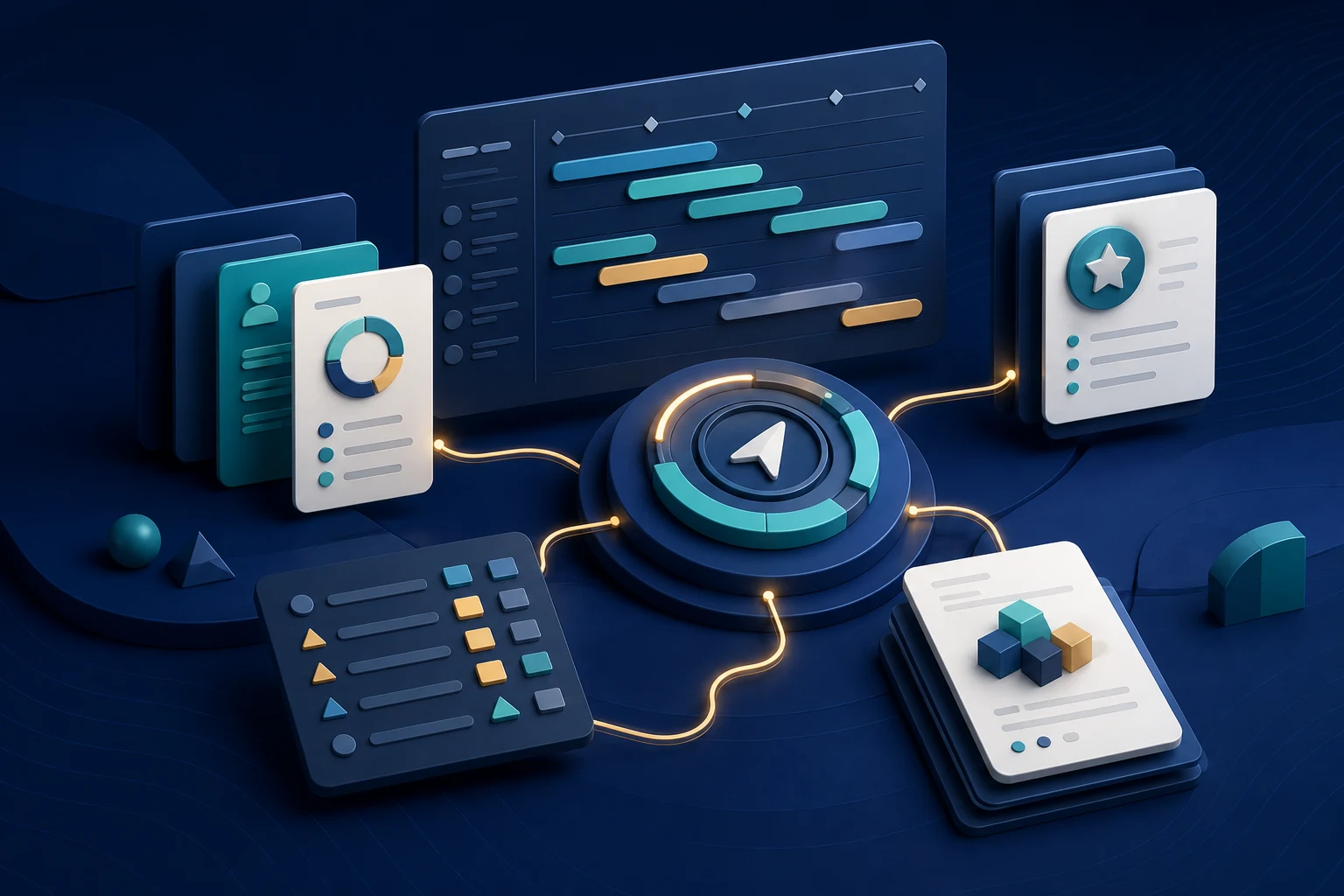 Abstract product roadmaps and research converging into a structured decision hub