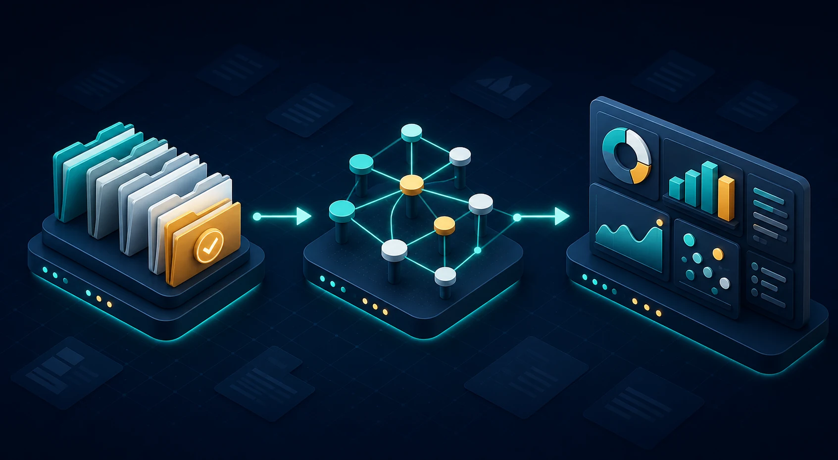 Abstract flow from approved product folders through roadmap analysis to product insight