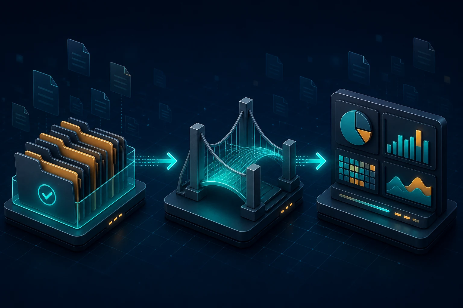 Abstract flow from approved project folders through analysis to portfolio insight