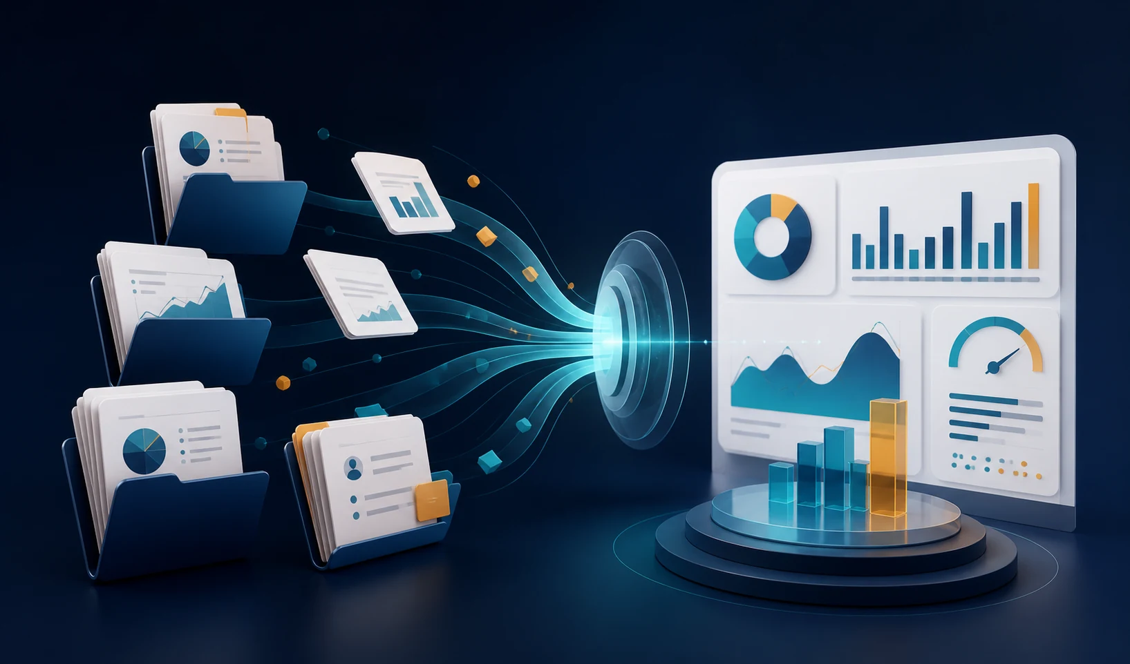 Abstract sales documents and pipeline signals converging into a structured review hub
