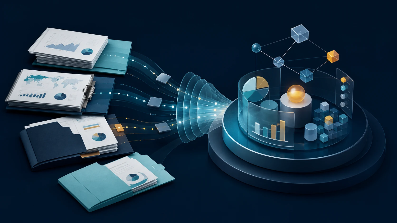 strategy-corporate-development-hero Abstract strategy documents and market evidence converging into a structured decision hub
